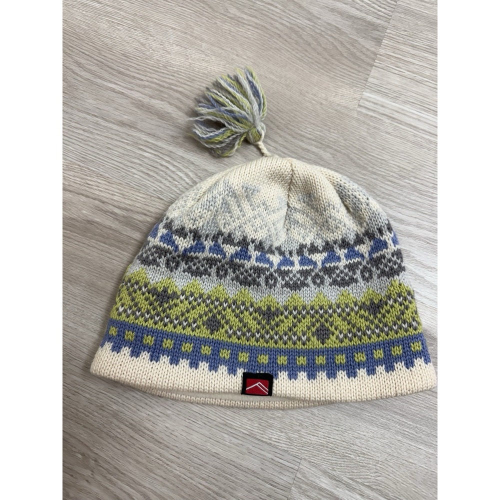 Fair Isle Nordic Blue & Green Pom Pom Tassel 100% Wool Made In Canada Beanie Hat